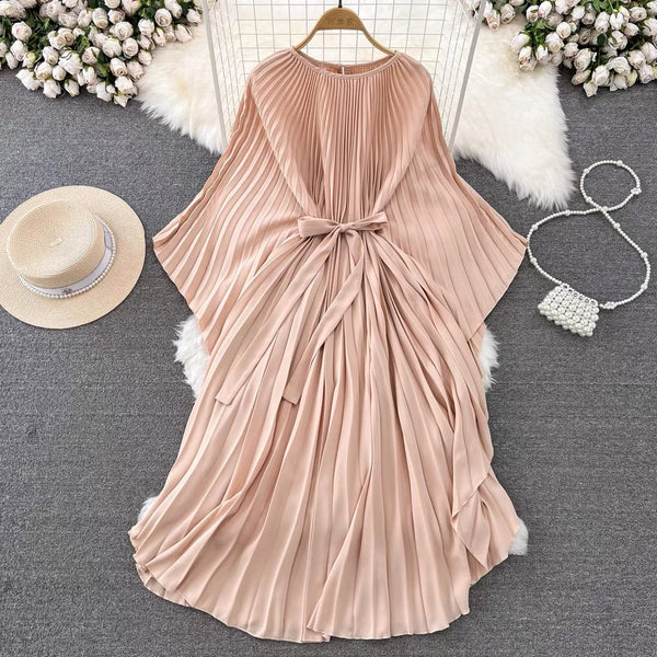 Italian Pink Batwing Sleeve Lace-up Pleated Dress AZ1004 Genistyle Shop