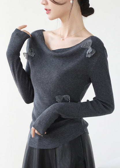 Original Design Grey Slash Neck Butterfly Knit Top Winter RV029 ABC