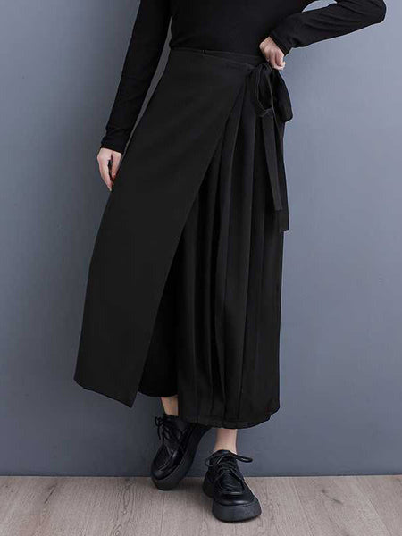 Stylish Black Elasticity High Waisted Asymmetric Tied Patchwork Pleated Ninth Pants WS015 shopify