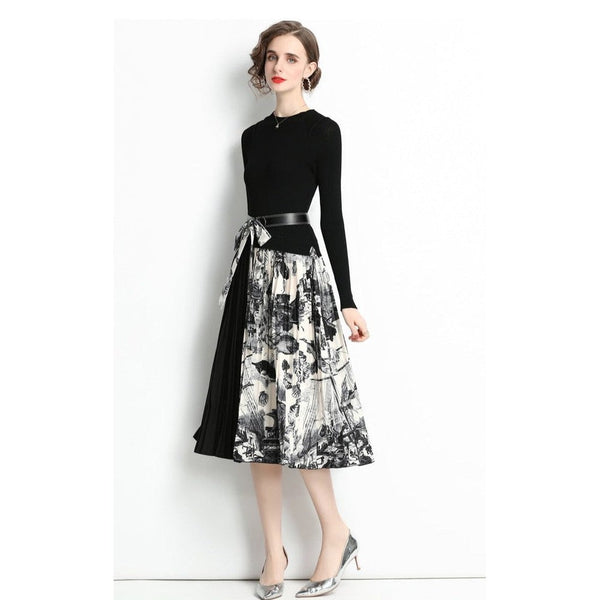 Women Black O-neck Belt Patchwork Floral Print Pleated Hem Long Sleeve Knit Dress AR1001 shopify