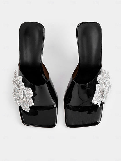 Black Flower with Women's Rhinestone Mules Leather Patent FashionChic
