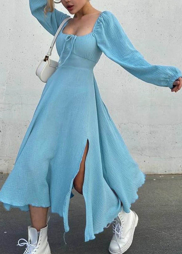 Fine Blue Square Collar Side Open Long Dress Fall EE012 shopify