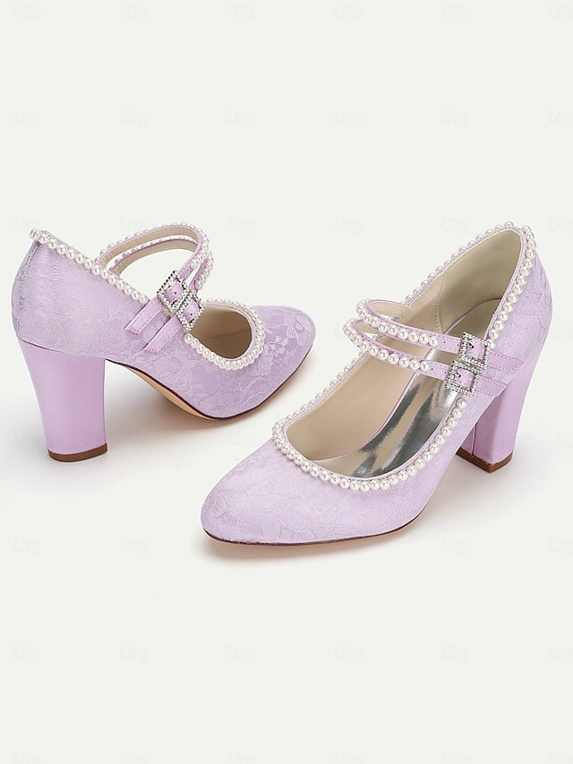 Heels Embellished Purple Mary Pearl Women's Jane - Lace FashionChic