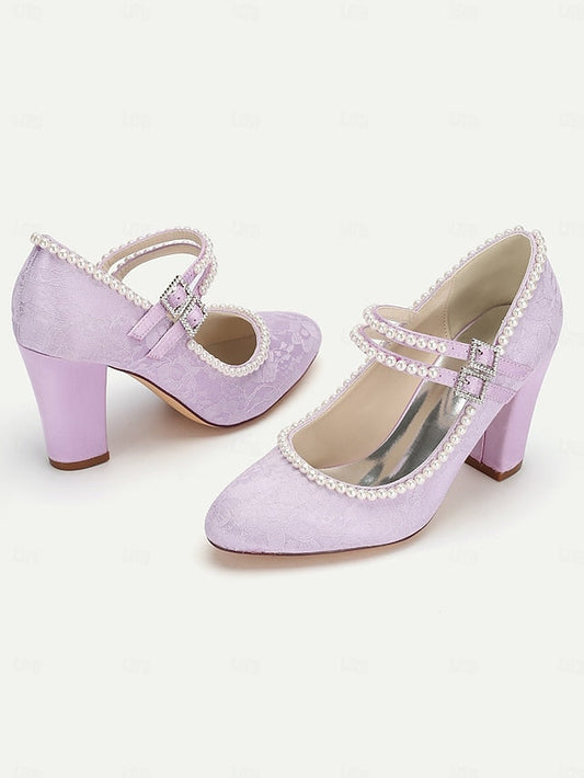 Heels Embellished Purple Mary Pearl Women's Jane - Lace FashionChic