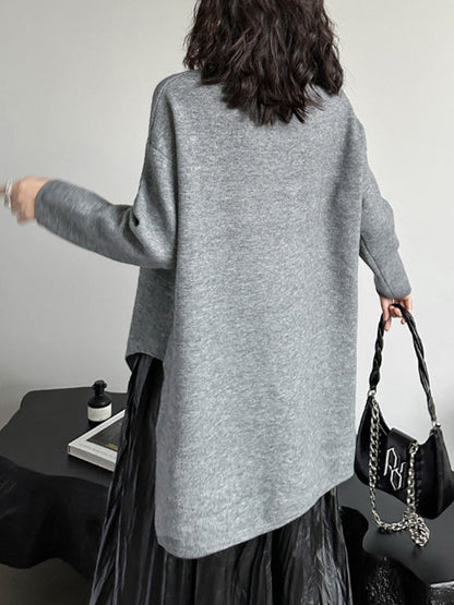 Street Grey Round-neck Zipper Decor Irregular High-low Hem Long Sleeve Sweater AN1067 Genistyle Shop