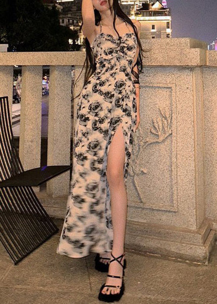 Sexy Red Ruffled Lace Up Print Cotton Long Dresses Sleeveless AZ1050 shopify