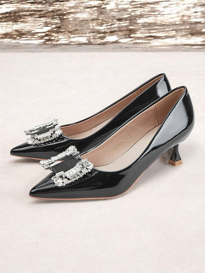 Black Patent with Leather Women's Embellished Crystal Pumps FashionChic