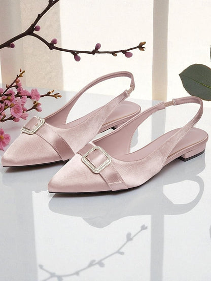 Women's Buckle Rhinestone Pink Slingback with Satin Flats FashionChic