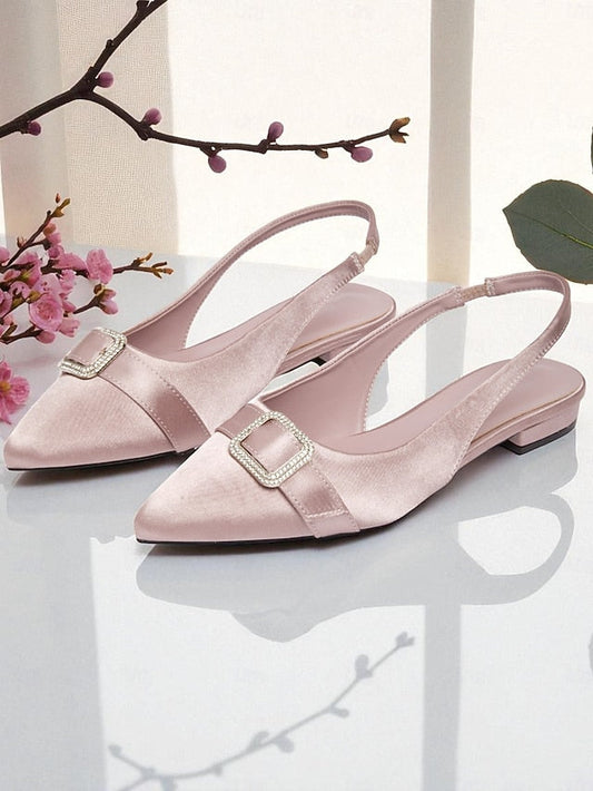Women's Buckle Rhinestone Pink Slingback with Satin Flats FashionChic