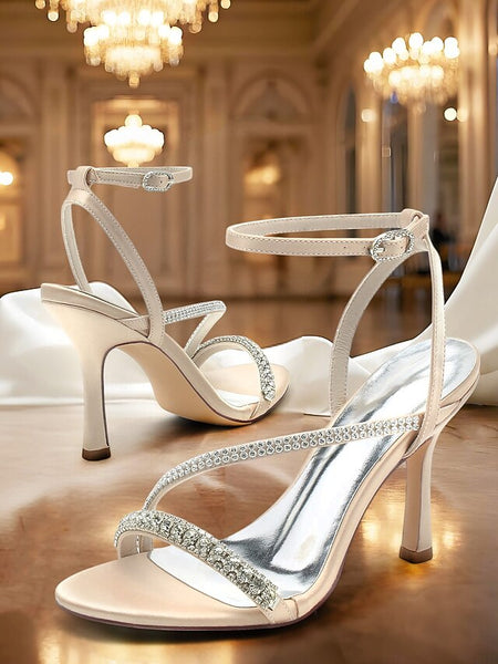 – Sophisticated Heels Strappy Champagne Satin Rhinestone FashionChic