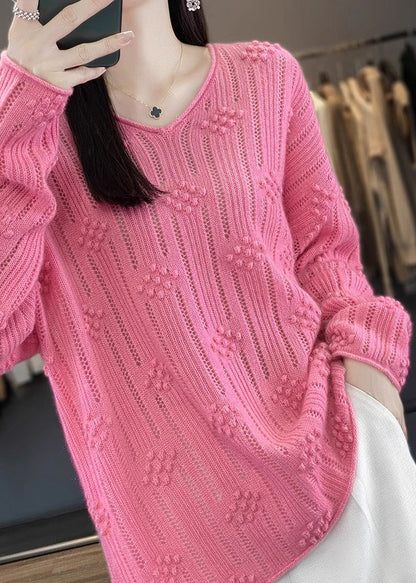 Casual Rose V Neck Hollow Out Cotton Knit Sweaters Fall QP016 OL-NTP241001
