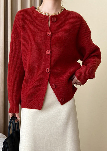 Loose Red Button Solid Knit Coats Fall AF1036 HS-NCT240914