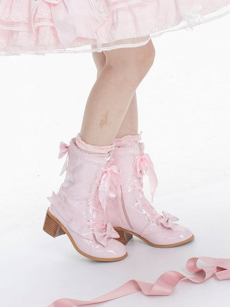 PU Lolita Leather Pink with Bow Boots Mid-Heel Detail Sweet Polished FashionChic