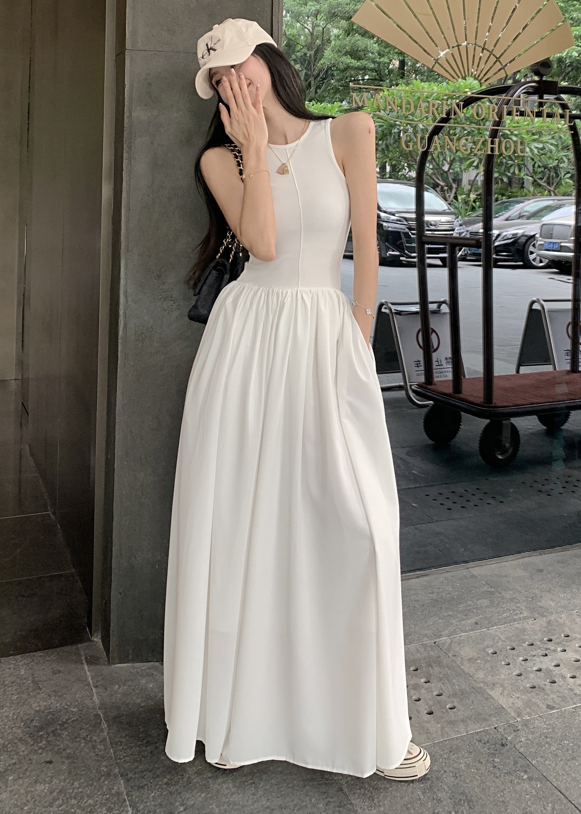 Cotton White Holiday Sleeveless Fit Silm Dress Patchwork FashionChic