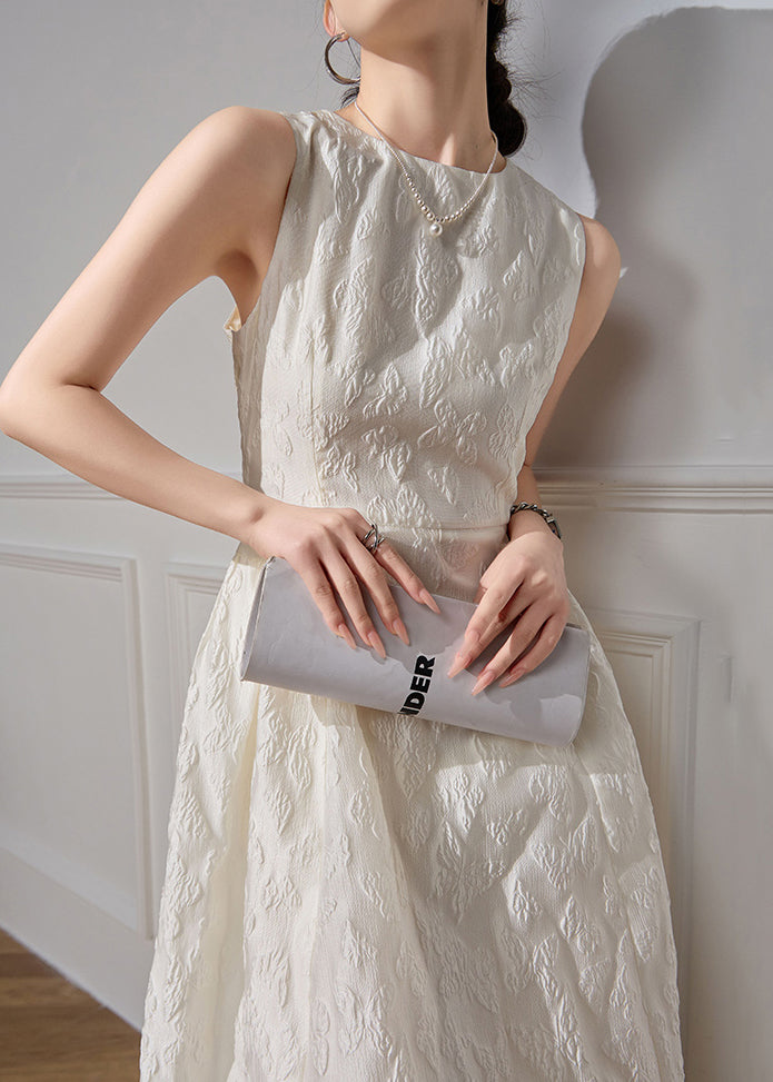 High White Dresses Waist O-Neck Sleeveless Jacquard Long Cotton FashionChic