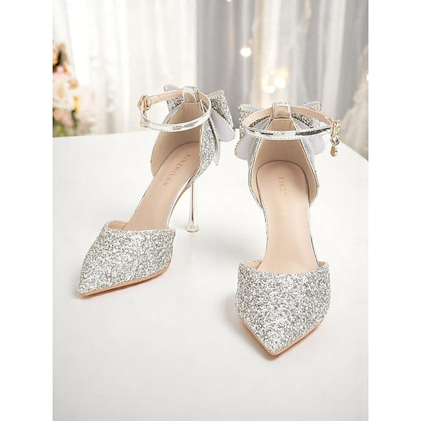 Pointed - Heels Women's Bow Toe Sparkly Glitter Silver FashionChic