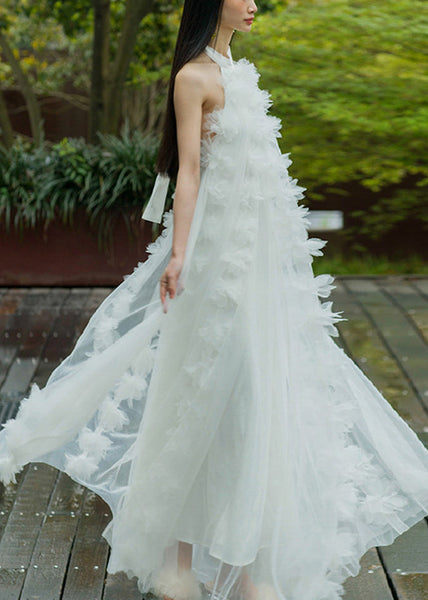 Elegant White Lace Up Solid Tulle Maxi Dresses Summer AZ1016 shopify