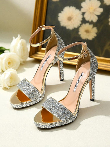 High Glitter with Strap Silver Sandals Ankle Heel Women's FashionChic