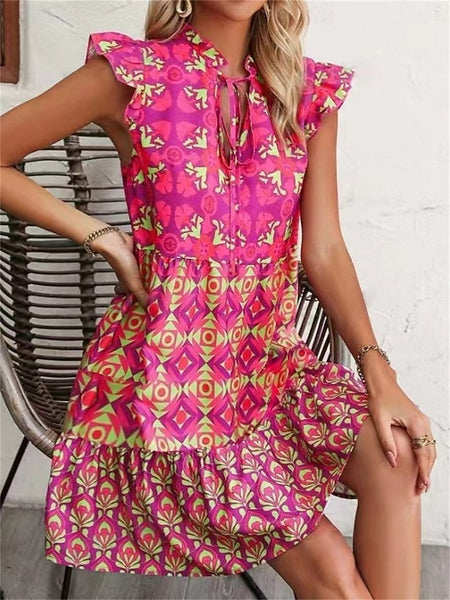 Women's Boho Graphic V Neck Mini Dress Sleeveless Summer