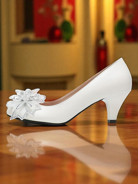 Bow Wedding Low White Shoes Women's Crystal with Heel FashionChic