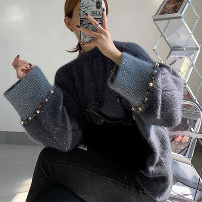 Chic Grey O-neck Sequins Long Sleeve with Beaded Knit Sweater TW022 ABC