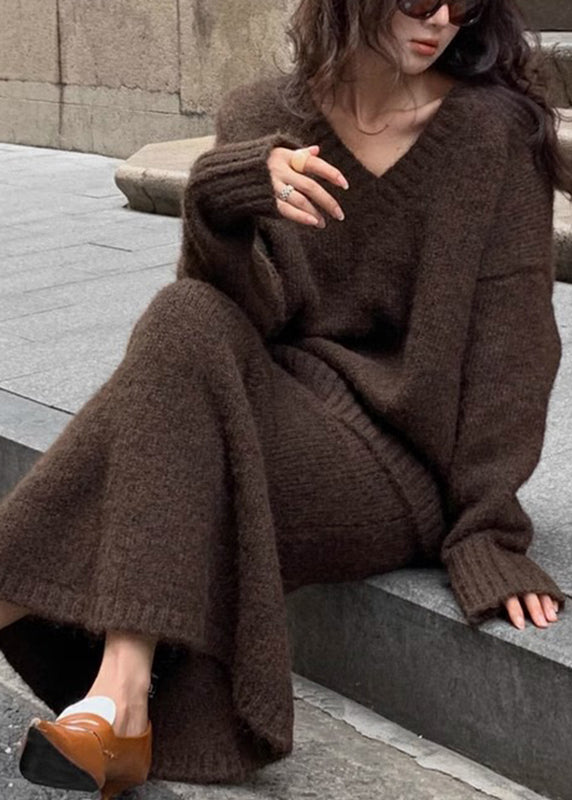 Plus Size Brown Cozy Cotton Knit Sweaters And Maxi Skirts Two Pieces Set Winter WV029 ABC