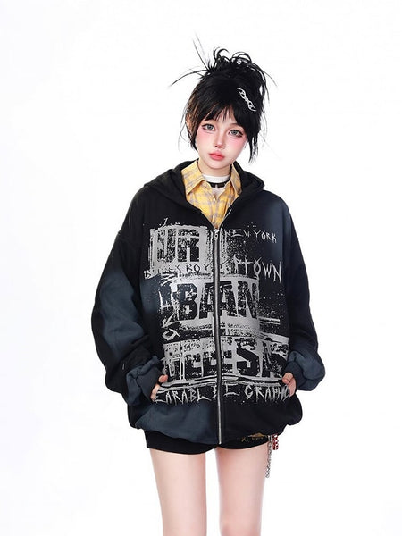 Dye Y2K Hoodie Letter Red/Black with Tie Print Design Jacket FashionChic