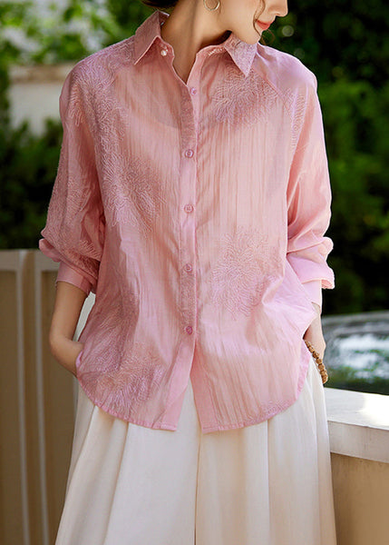 Elegant White Peter Pan Collar Embroidered Button Silk Shirts Fall EE019 shopify