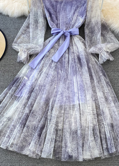 Purple O-Neck Bow Tulle Long Dress Puff Sleeve AJ1038 shopify