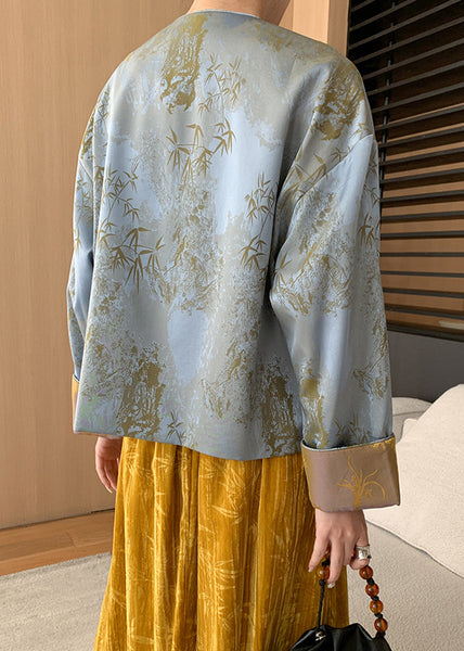 Loose Blue Button Print Silk Coats Long Sleeve AF1087 HS-CTS240914