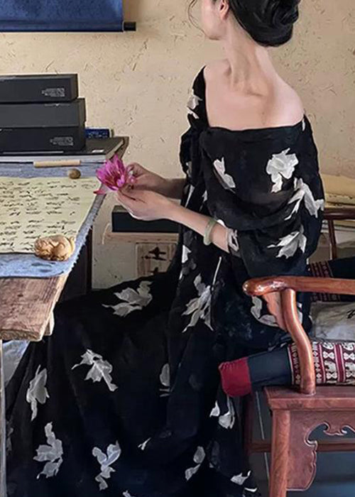 Stylish Black V Neck Print Chiffon Long Dress Half Sleeve QP027 OL-SDL241001