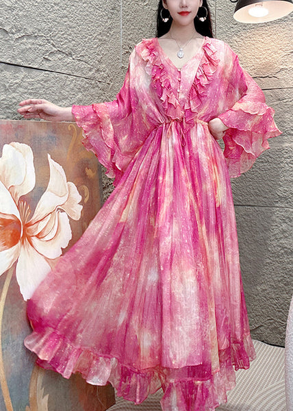 Chic Pink V Neck Ruffled Print Butterfly Sleeve Silk Dress AZ1003 shopify