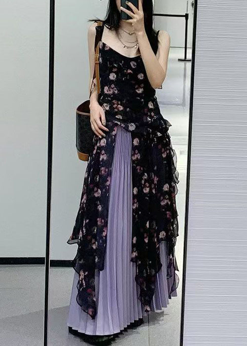 Bohemian Black Ruffled Print Chiffon Two-Piece Set Sleeveless QP030 OL-TPIEC241001