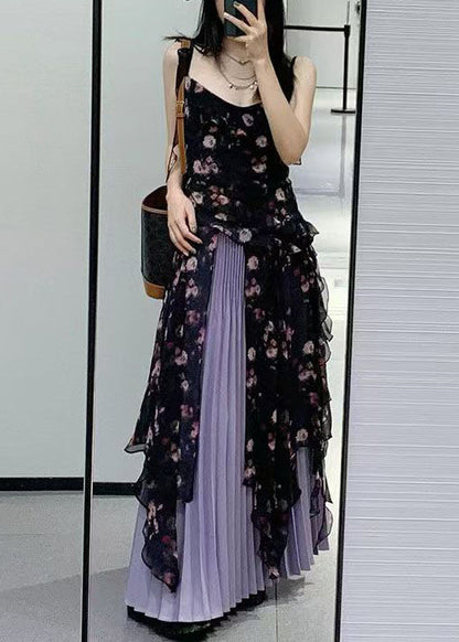Bohemian Black Ruffled Print Chiffon Two-Piece Set Sleeveless QP030 OL-TPIEC241001