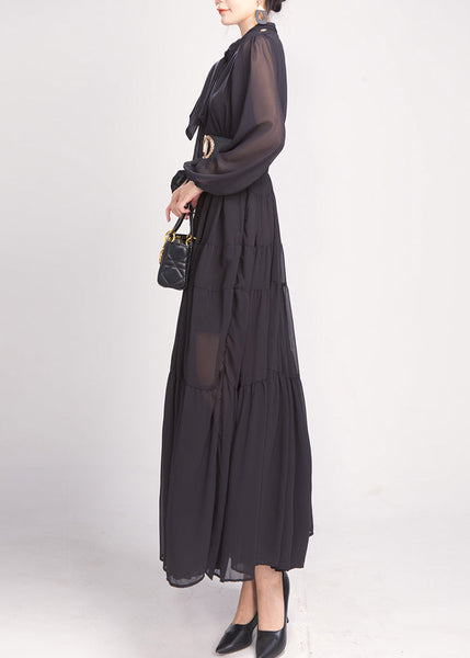 Black Bow Wrinkled Chiffon Maxi Dress Long Sleeve AO1043 JDML-FDL240909
