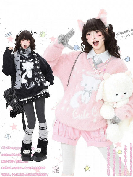 Pink/Black Daily with Cat Letter Kawaii V-neck in Sweater Pattern FashionChic