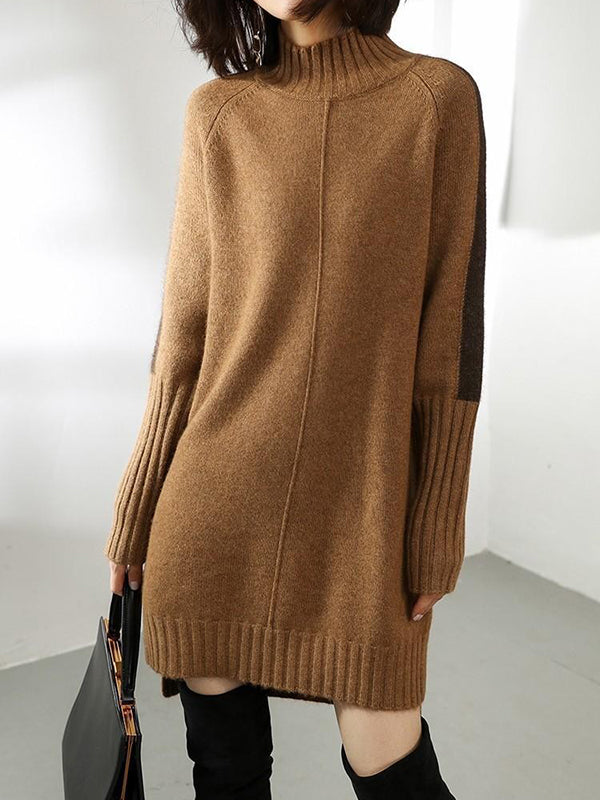 Urban Camel Half Turtleneck Contrast Color Long Sleeve Knit Sweater Dress AN1068 Genistyle Shop