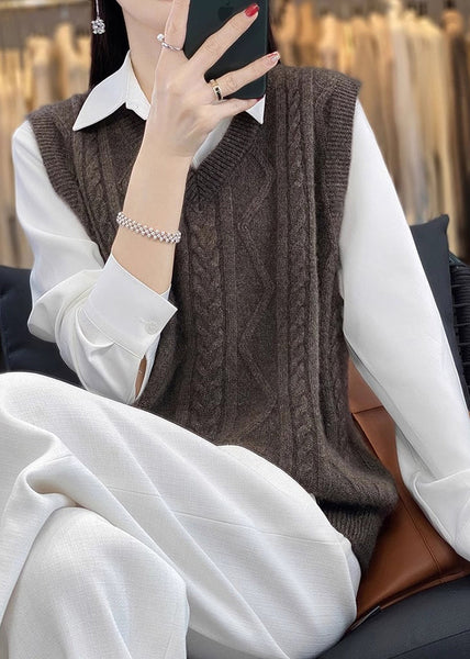 Casual Camel V Neck Thick Cable Wool Knit Waistcoat Fall QP042 OL-NTP241001