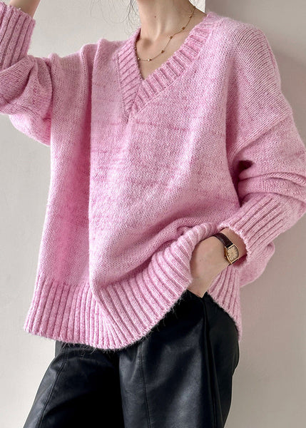 Loose Pink V Neck Hollow Out Cotton Knit Sweater Fall AF1091 HS-NTP240914