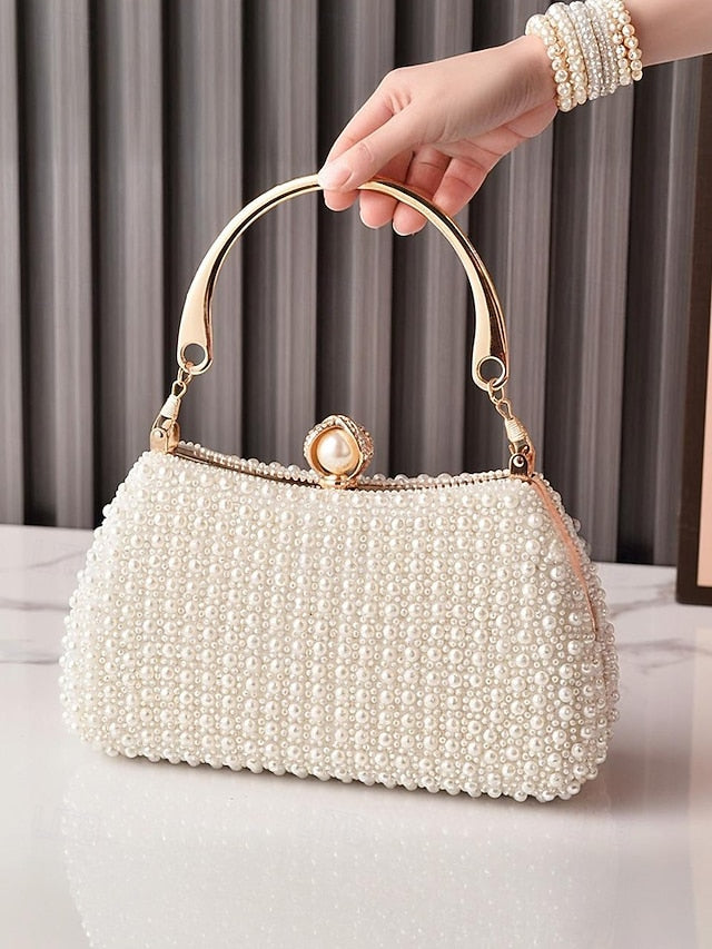 Pearl Handle Clutch Bag Beaded Gold with Evening Women's FashionChic