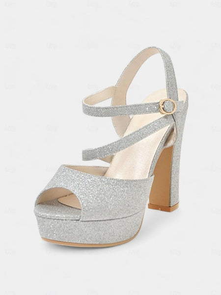 Strap Ankle Heel Women's Platform Sandals with Glitter High FashionChic