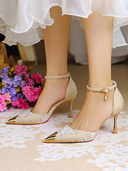Gold Satin Heels and Beige Women's Pointed Accents with Toe FashionChic