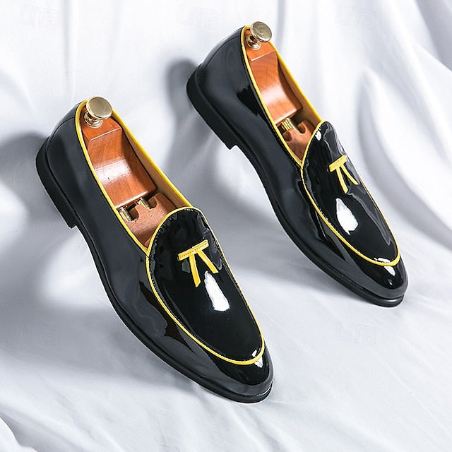 with Leather Patent Yellow Black Faux Men's Loafers Trim FashionChic