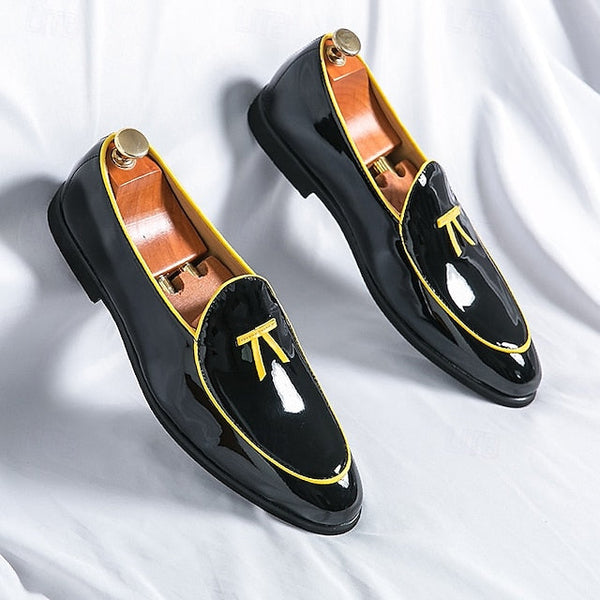 with Leather Patent Yellow Black Faux Men's Loafers Trim FashionChic