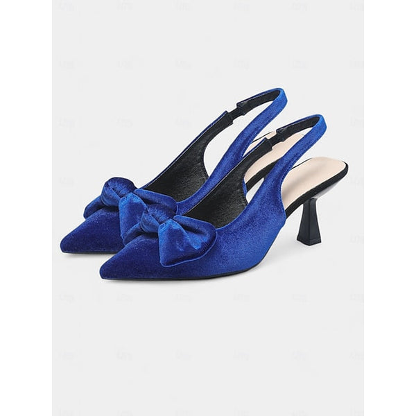 Bow Toe Blue with Heels Pointed Women's Slingback Velvet FashionChic
