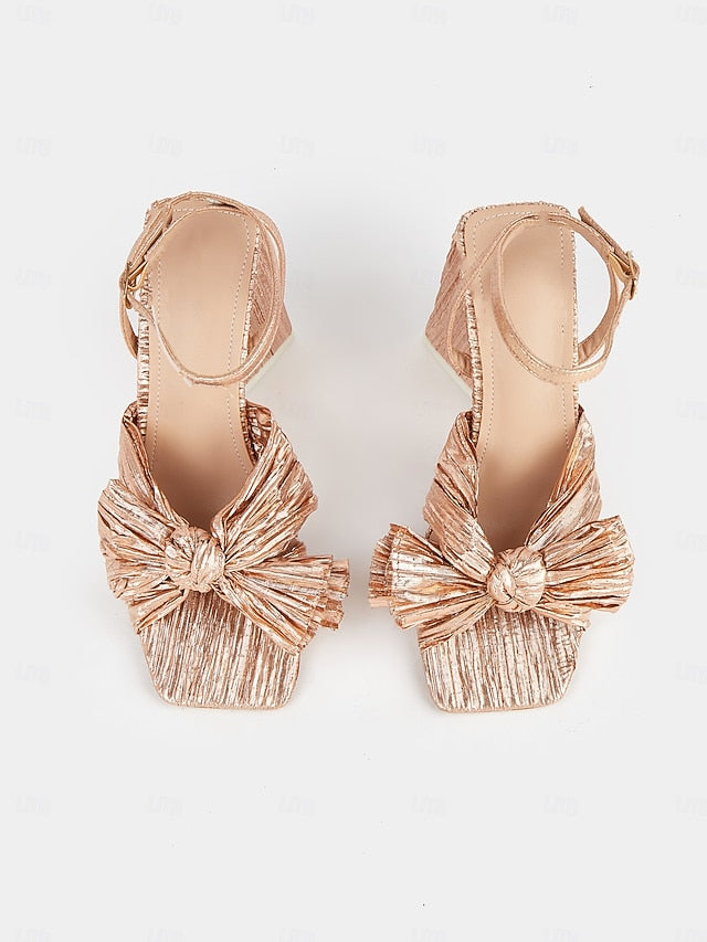 Gold Textured and Knot Heel with Sandals Detail Rose Block FashionChic