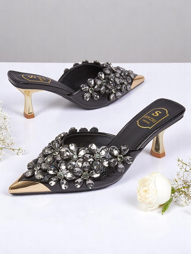 – Mules Black Rhinestone Pointed-Toe Embellished Women's FashionChic