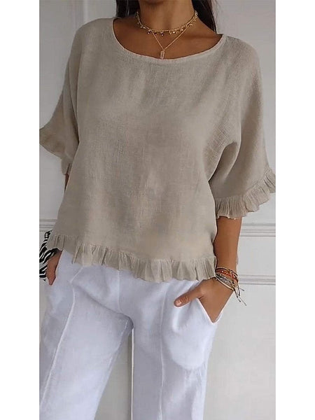 Women's Cotton Linen Blouse Solid Color Stylish Casual Half FashionChic