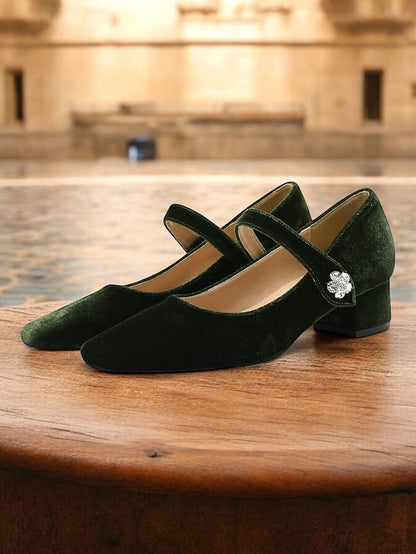 Toe Women's Mary Square Jane Green Block Pumps Velvet - FashionChic