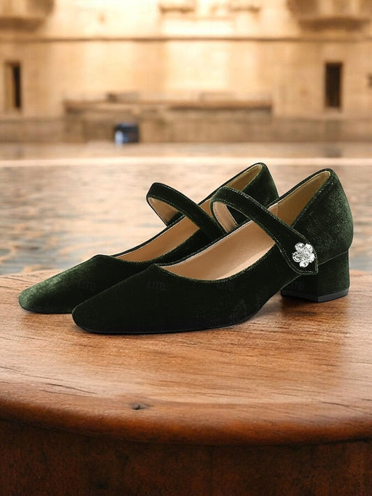 Toe Women's Mary Square Jane Green Block Pumps Velvet - FashionChic